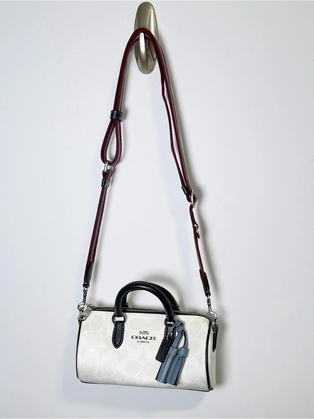 Coach White Lacey Crossbody in Signature Canvas and Blue Tassel